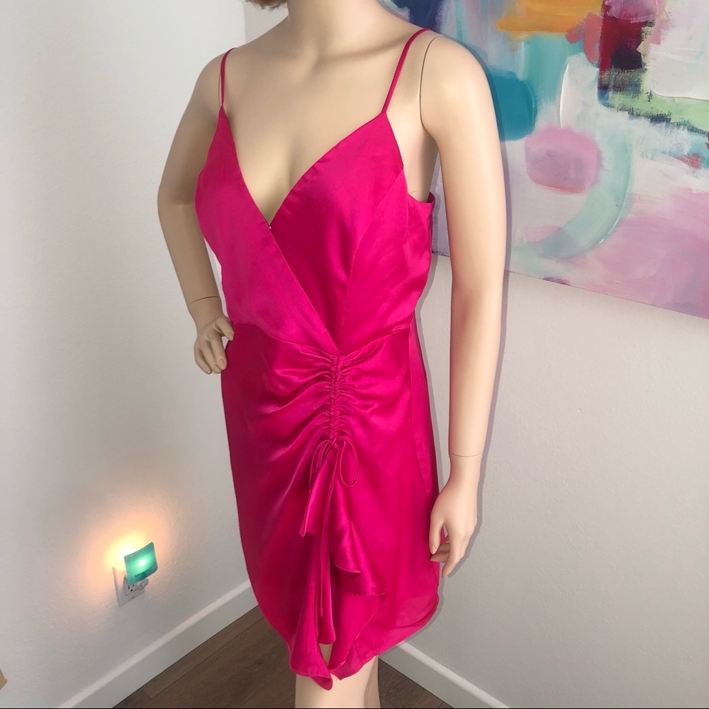 Marciano Satiny Ruched Sleeveless Pink Wrap Dress